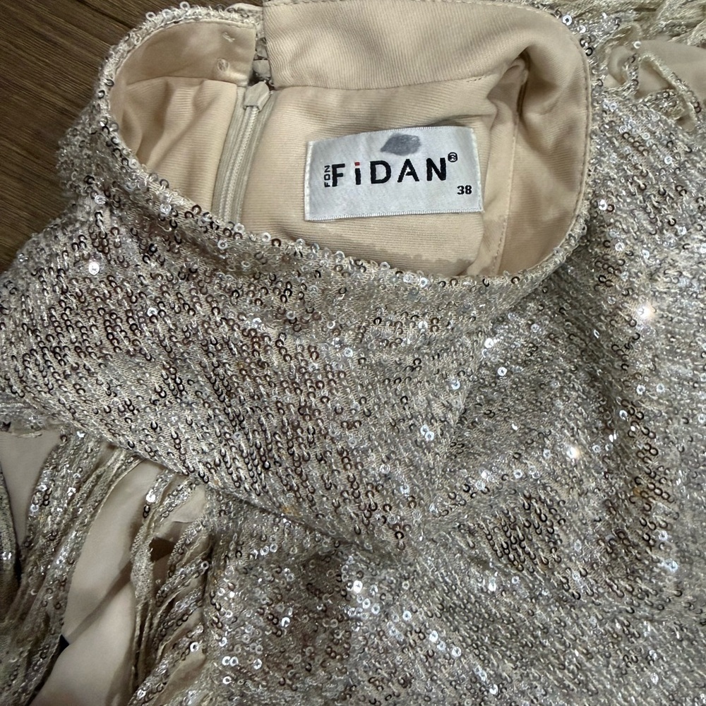 FIDAN Vintage 80s Glam Gown Silver Sequin Bodice w/ Beaded Tassel Sleeves - Picture 6 of 7